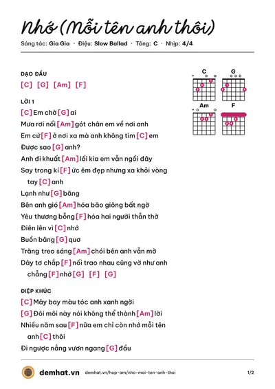 Hợp âm Nhớ (Mỗi tên anh thôi) (Gia Gia) – bản nhạc PDF trang 1, tông C
