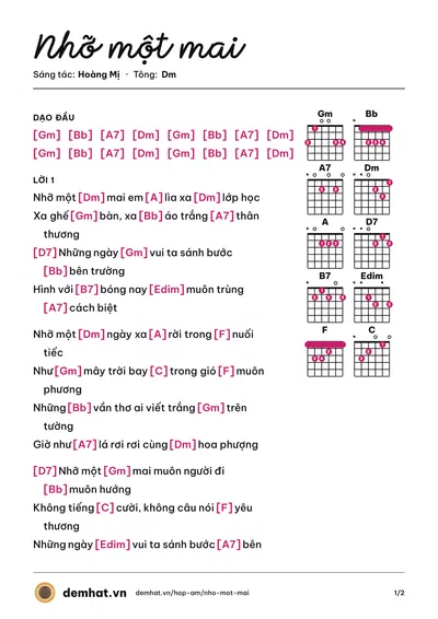 Hợp âm Nhỡ một mai (Diệu Hiền) – bản nhạc PDF trang 1, tông Dm