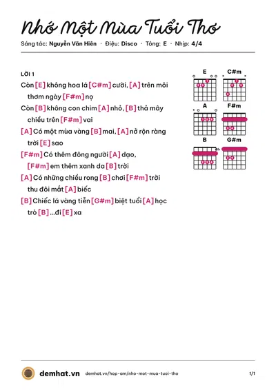Hợp âm Nhớ Một Mùa Tuổi Thơ (TyMyTy) – bản nhạc PDF trang 1, tông E