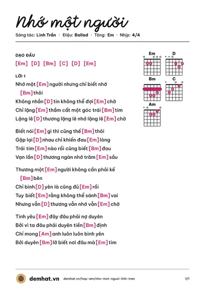 Hợp âm Nhớ một người (Linh Trần) – bản nhạc PDF trang 1, tông Em
