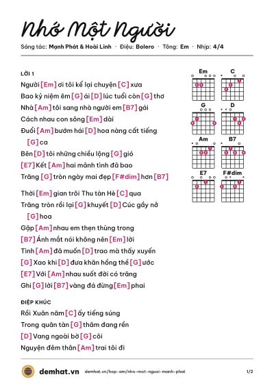 Hợp âm Nhớ Một Người (Duy Khánh) – bản nhạc PDF trang 1, tông Em