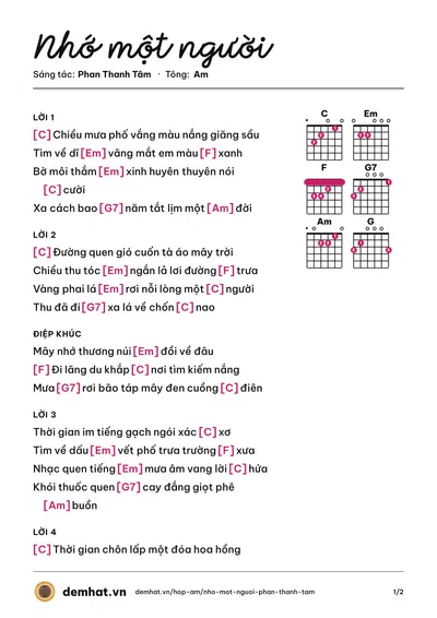 Hợp âm Nhớ một người (Nguyên Nguyên) – bản nhạc PDF trang 1, tông Am