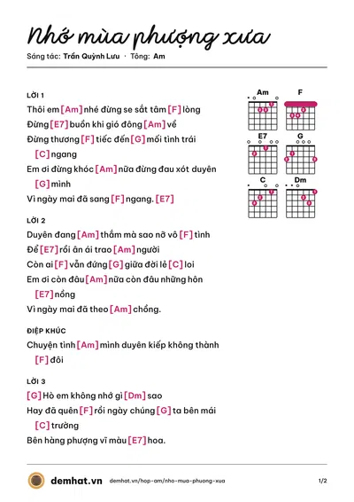 Hợp âm Nhớ mùa phượng xưa (Thúy Huyền) – bản nhạc PDF trang 1, tông Am