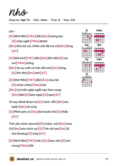 Hợp âm Nhớ (Tuyết Nhung) – bản nhạc PDF trang 1, tông D