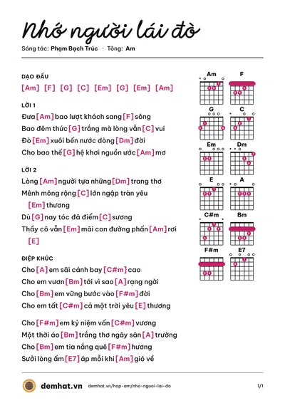 Hợp âm Nhớ người lái đò (Phạm Bạch Trúc) – bản nhạc PDF trang 1, tông Am