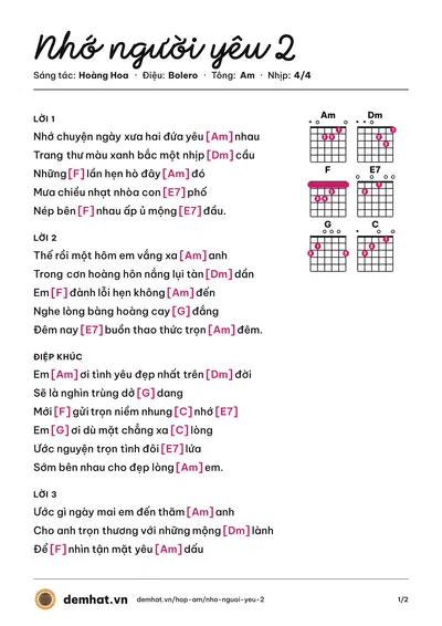 Hợp âm Nhớ người yêu 2 (Hoàng Hoa) – bản nhạc PDF trang 1, tông Am