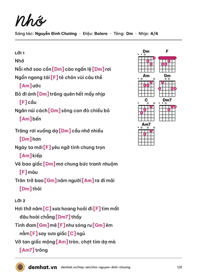 Hợp âm Nhớ (Nguyễn Đình Chương) – bản nhạc PDF trang 1, tông Dm