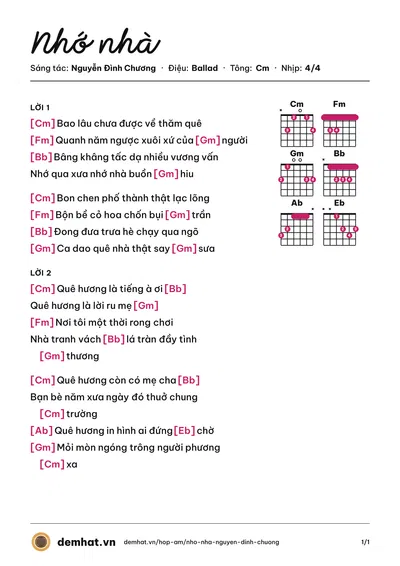 Hợp âm Nhớ nhà (Nguyễn Đình Chương) – bản nhạc PDF trang 1, tông Cm