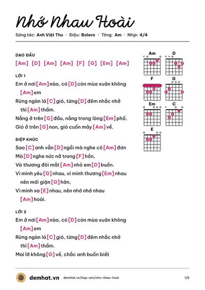 Hợp âm Nhớ Nhau Hoài (Quang Lê) – bản nhạc PDF trang 1, tông Am