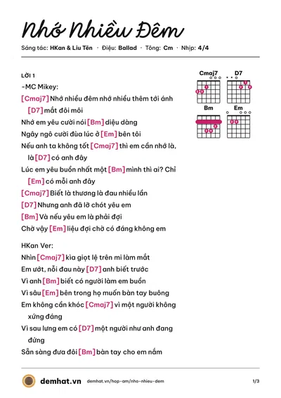 Hợp âm Nhớ Nhiều Đêm (HKan) – bản nhạc PDF trang 1, tông Cm