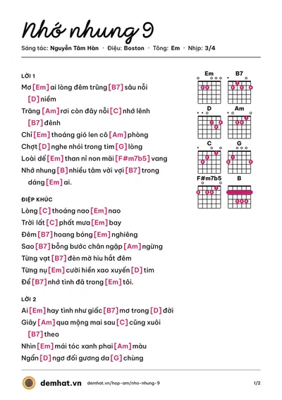 Hợp âm Nhớ nhung 9 (Thu Hà) – bản nhạc PDF trang 1, tông Em