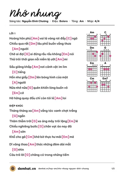 Hợp âm Nhớ nhung (Nguyễn Đình Chương) – bản nhạc PDF trang 1, tông Am