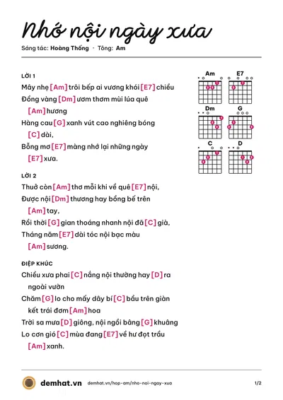 Hợp âm Nhớ nội ngày xưa (Hoàng Thống) – bản nhạc PDF trang 1, tông Am