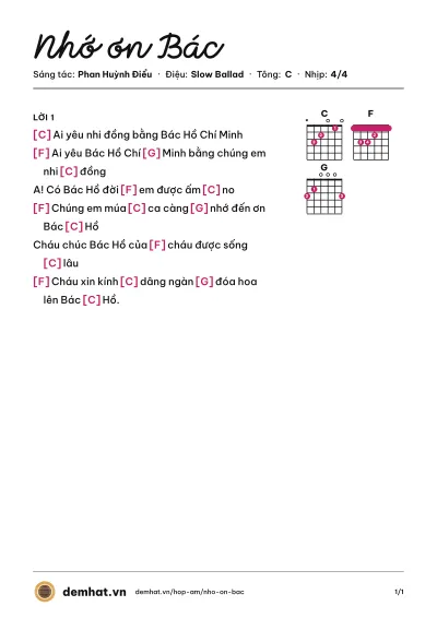 Hợp âm Nhớ ơn Bác (Tốp ca thiếu nhi) – bản nhạc PDF trang 1, tông C
