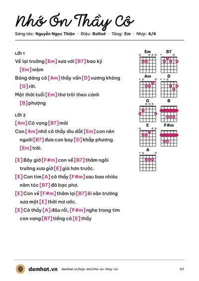 Hợp âm Nhớ Ơn Thầy Cô (Mắt Ngọc) – bản nhạc PDF trang 1, tông Em