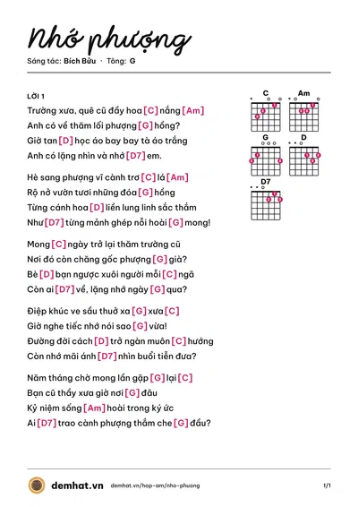 Hợp âm Nhớ phượng (Bích Bửu) – bản nhạc PDF trang 1, tông G