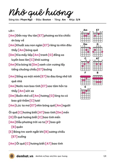 Hợp âm Nhớ quê hương (Thái Hiền) – bản nhạc PDF trang 1, tông Am
