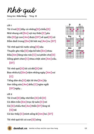 Hợp âm Nhớ quê (Kiều Hưng) – bản nhạc PDF trang 1, tông G