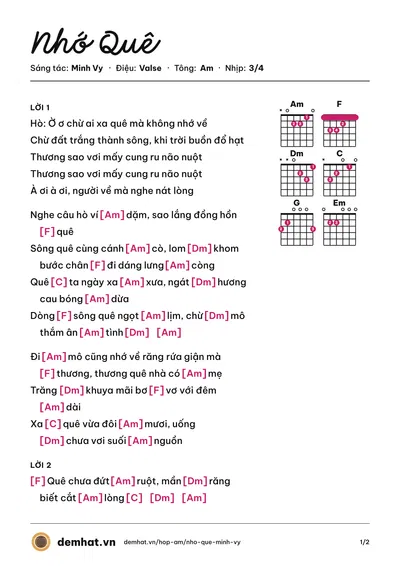 Hợp âm Nhớ Quê (Thiện Nhân) – bản nhạc PDF trang 1, tông Am