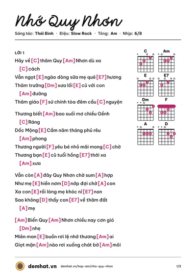 Hợp âm Nhớ Quy Nhơn (Thảo Hồ) – bản nhạc PDF trang 1, tông Am