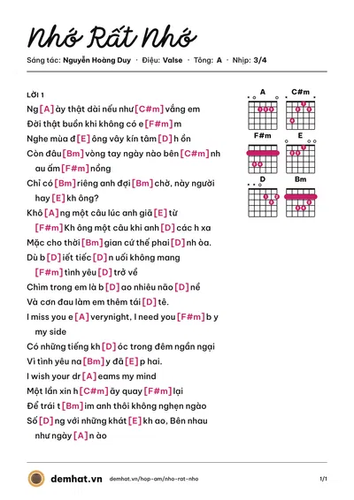 Hợp âm Nhớ Rất Nhớ (Bảo Thy) – bản nhạc PDF trang 1, tông A
