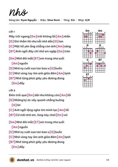 Hợp âm Nhớ (Ryan Nguyễn) – bản nhạc PDF trang 1, tông Em