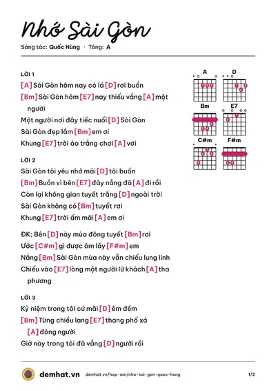Hợp âm Nhớ Sài Gòn (Quốc Hùng) – bản nhạc PDF trang 1, tông A