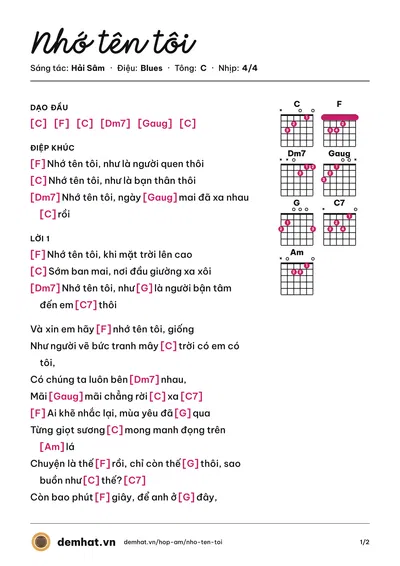Hợp âm Nhớ tên tôi (Hải Sâm) – bản nhạc PDF trang 1, tông C