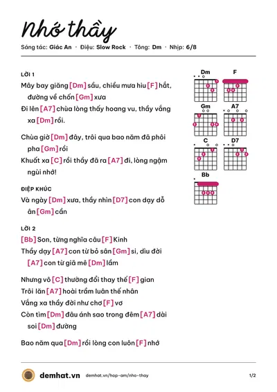 Hợp âm Nhớ thầy (Giác An) – bản nhạc PDF trang 1, tông Dm