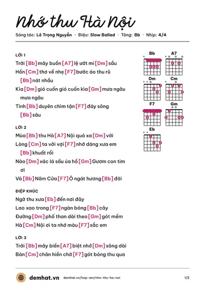 Hợp âm Nhớ thu Hà Nội (Lê Trọng Nguyễn) – bản nhạc PDF trang 1, tông Bb