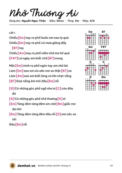 Hợp âm Nhớ Thương Ai (Mắt Ngọc) – bản nhạc PDF trang 1, tông Em