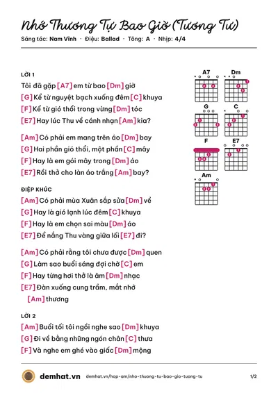 Hợp âm Nhớ Thương Tự Bao Giờ (Tương Tư) (Nam Vĩnh) – bản nhạc PDF trang 1, tông A