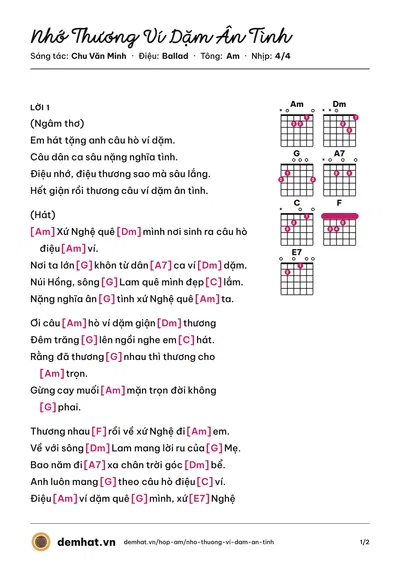 Hợp âm Nhớ Thương Ví Dặm Ân Tình (Thanh Tài) – bản nhạc PDF trang 1, tông Am