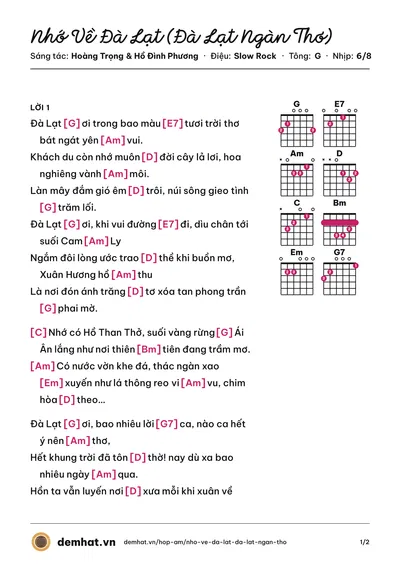 Hợp âm Nhớ Về Đà Lạt (Đà Lạt Ngàn Thơ) (Khánh Ly) – bản nhạc PDF trang 1, tông G