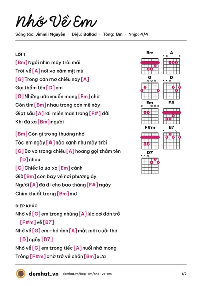 Hợp âm Nhớ Về Em (Jimmii Nguyễn) – bản nhạc PDF trang 1, tông Bm