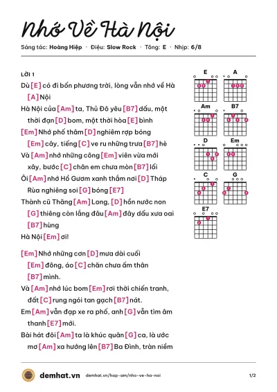 Hợp âm Nhớ Về Hà Nội (Quang Dũng) – bản nhạc PDF trang 1, tông E