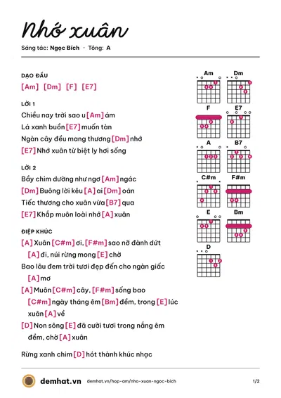 Hợp âm Nhớ xuân (Khánh Ly) – bản nhạc PDF trang 1, tông A