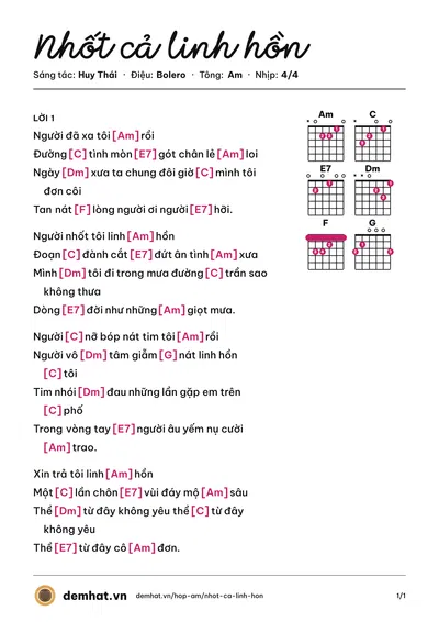 Hợp âm Nhốt cả linh hồn (Huy Thái) – bản nhạc PDF trang 1, tông Am