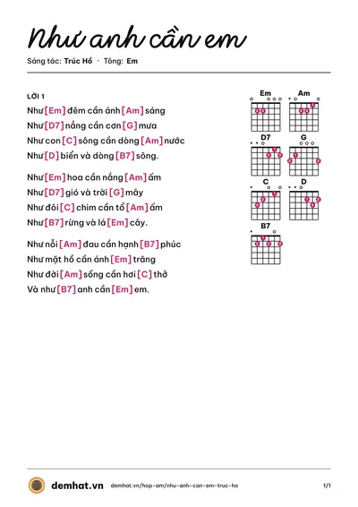 Hợp âm Như anh cần em (Quốc Khanh) – bản nhạc PDF trang 1, tông Em