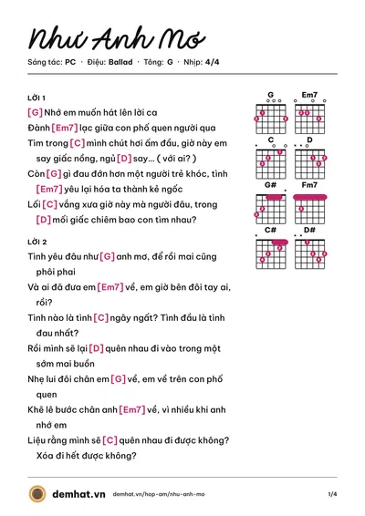 Hợp âm Như Anh Mơ (PC) – bản nhạc PDF trang 1, tông G