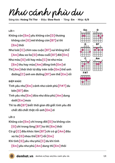Hợp âm Như cánh phù du (Hoàng Thi Thơ) – bản nhạc PDF trang 1, tông Em