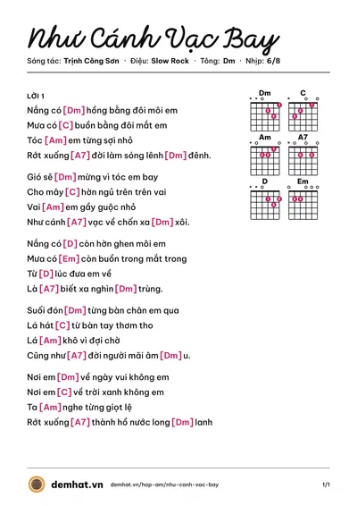 Hợp âm Như Cánh Vạc Bay (Bằng Kiều) – bản nhạc PDF trang 1, tông Dm