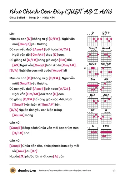 Hợp âm Như Chính Con Đây (JUST AS I AM) (Vũ Đặng Minh Tâm) – bản nhạc PDF trang 1, tông D