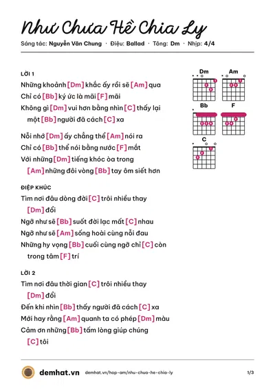 Hợp âm Như Chưa Hề Chia Ly (Thanh Ngọc) – bản nhạc PDF trang 1, tông Dm