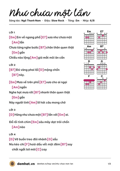 Hợp âm Như chưa một lần (Diệu Hiền) – bản nhạc PDF trang 1, tông Em