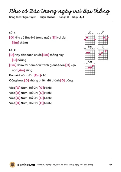 Hợp âm Như có Bác trong ngày vui đại thắng (Tốp Ca) – bản nhạc PDF trang 1, tông G