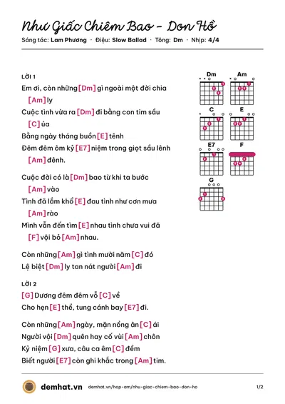 Hợp âm Như Giấc Chiêm Bao - Don Hồ (Don Hồ) – bản nhạc PDF trang 1, tông Dm