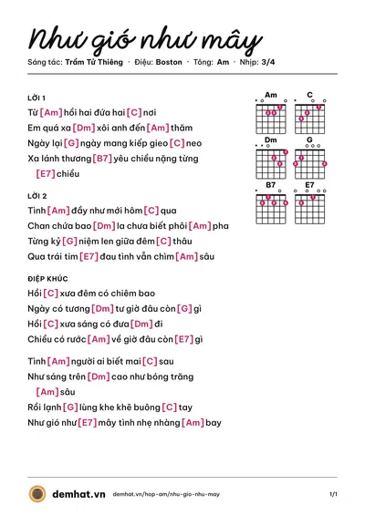 Hợp âm Như gió như mây (Trầm Tử Thiêng) – bản nhạc PDF trang 1, tông Am