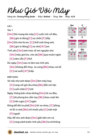 Hợp âm Như Gió Với Mây (Đinh Đại Vũ) – bản nhạc PDF trang 1, tông Dm