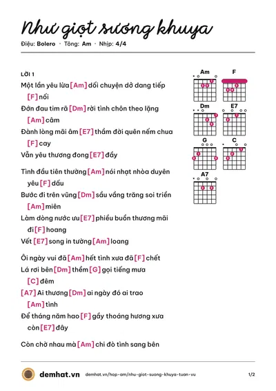 Hợp âm Như giọt sương khuya (Tuấn Vũ) – bản nhạc PDF trang 1, tông Am
